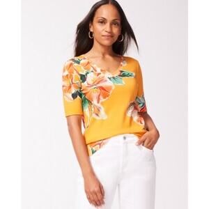 CHICOS Pima Cotton Lilies Everyday Tee Size Large Top Floral Blouse Cottagecore